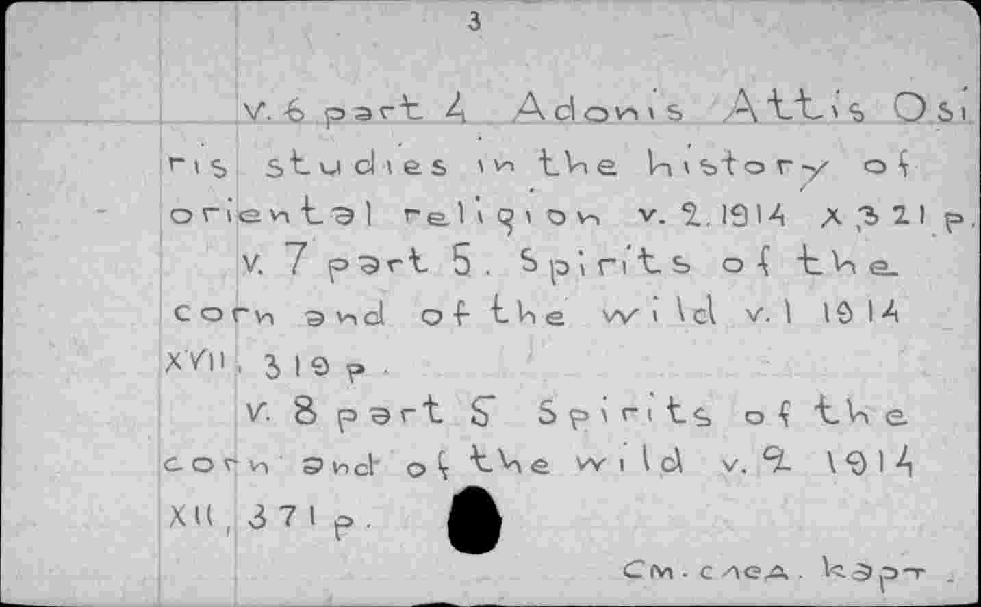 ﻿V. -6 part 4 ,A cl o V"i' S ,A A.'t, ' S O S i ri$ studies tVie In^tory ol orien te I rel t	v. 3.. 19 )4 a ,3 2 I p.
V. 7 P 9 r t 5 . Spirits o { t Vi e. c o Tki 3v>cl o-f- tVie w t I cl v. 1 IS I A X i , J | 9 p ,
8 p 9 r t. S’ Sp'ritsolt^e c o r v> p nc|- o I, tVie wild v. \ *9 I A XU, 3 7 I p . A
ClVl-C^GA Vc^p-T .